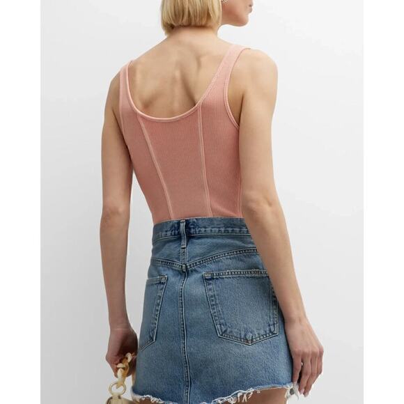 Agolde Women's Ribbed Elna Corset-Seam Bodysuit Grapefruit Size Medium - Picture 3 of 8